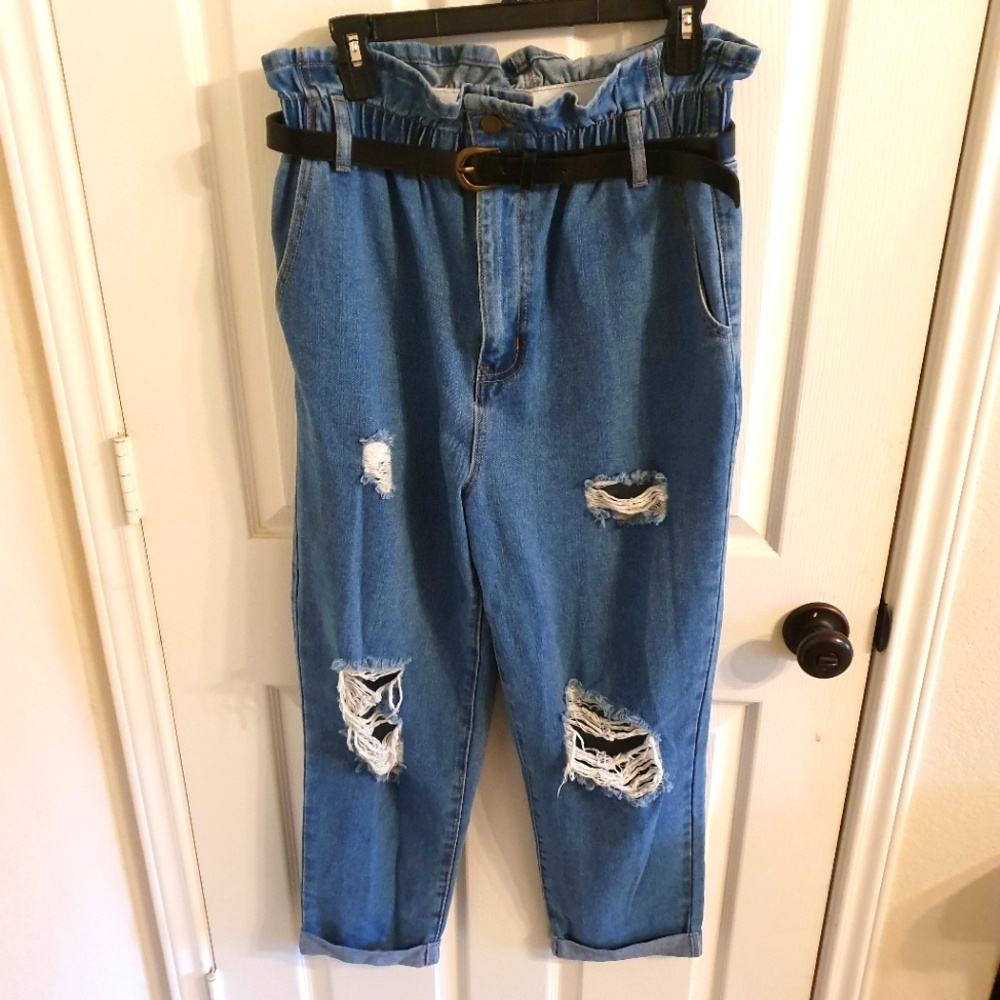 Paper Bag Ripped Denim Pants